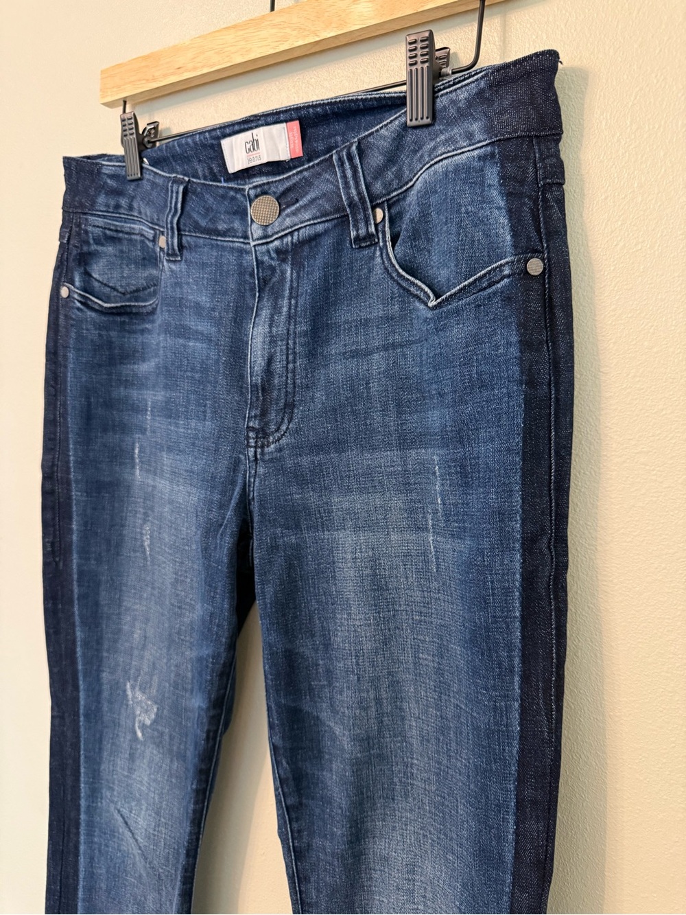 CAbi Straight Leg Tuxedo Stripe Jeans High-Rise Distressed Denim #3750 Size 8 - Picture 4 of 10